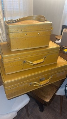 Hartmann Vintage Yellow Leather Hard Luggage Set Suitcase & Train Case Locking