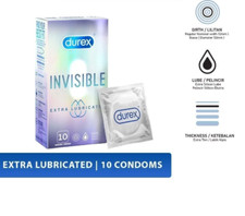 Durex Invisible Extra Lubricated Condoms 10 Pack Thinnest, Genuine