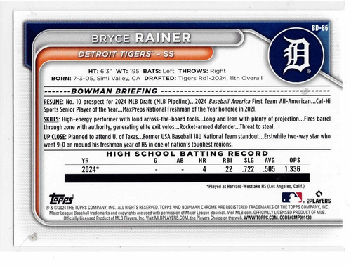 Bryce Rainer Tigres de Detroit 2024 Bowman Draft 1er Bowman ** - Imagen 2 de 2