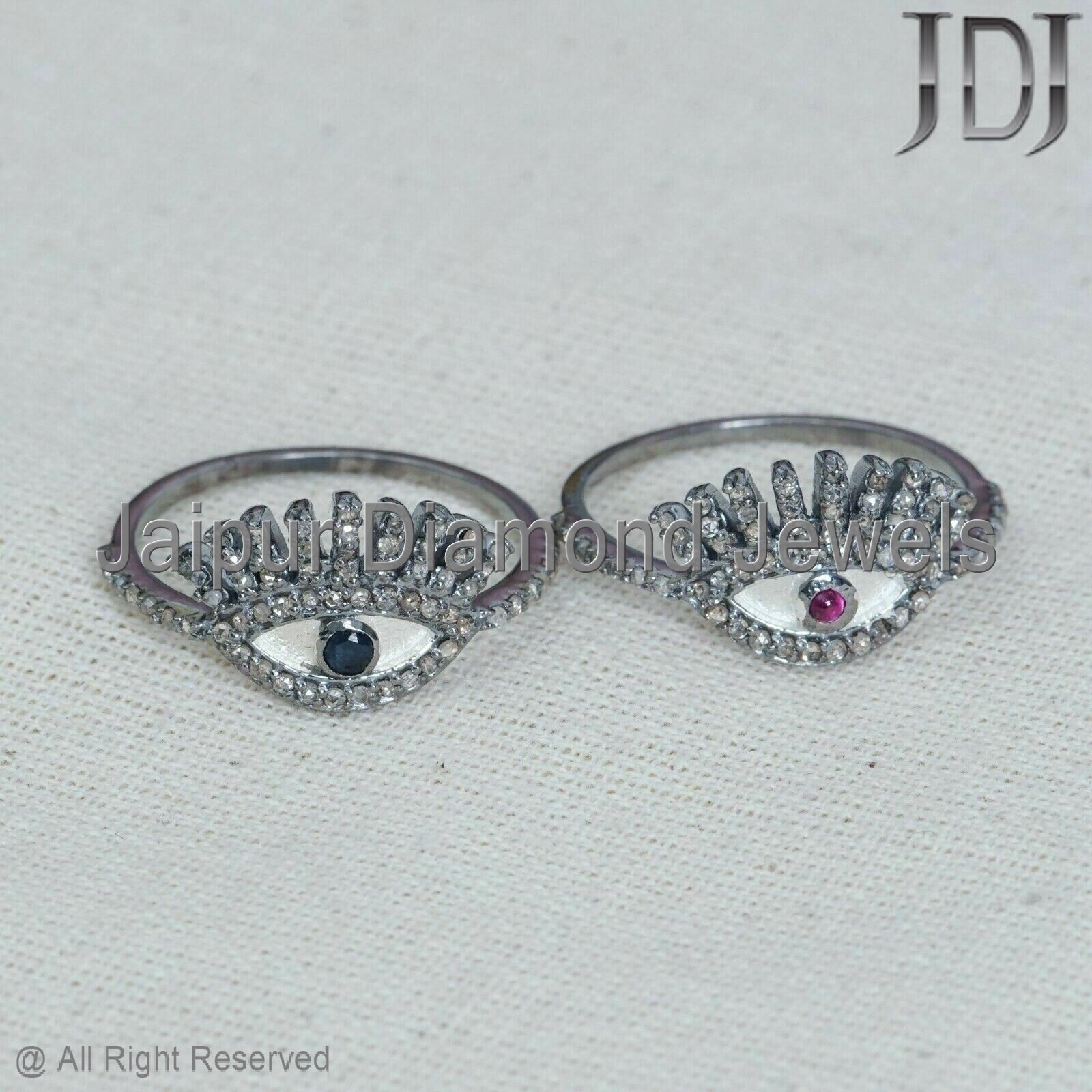 925 Silver Tiny Evil Eye Ring Blue Sapphire Ruby Diamond Pave Jewelry ...