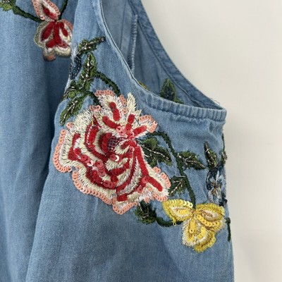 Zara Australia Embroidered Denim Dress Zara Zara Womens Blue Floral Embroidered  Denim Cold Shoulder Dress Size