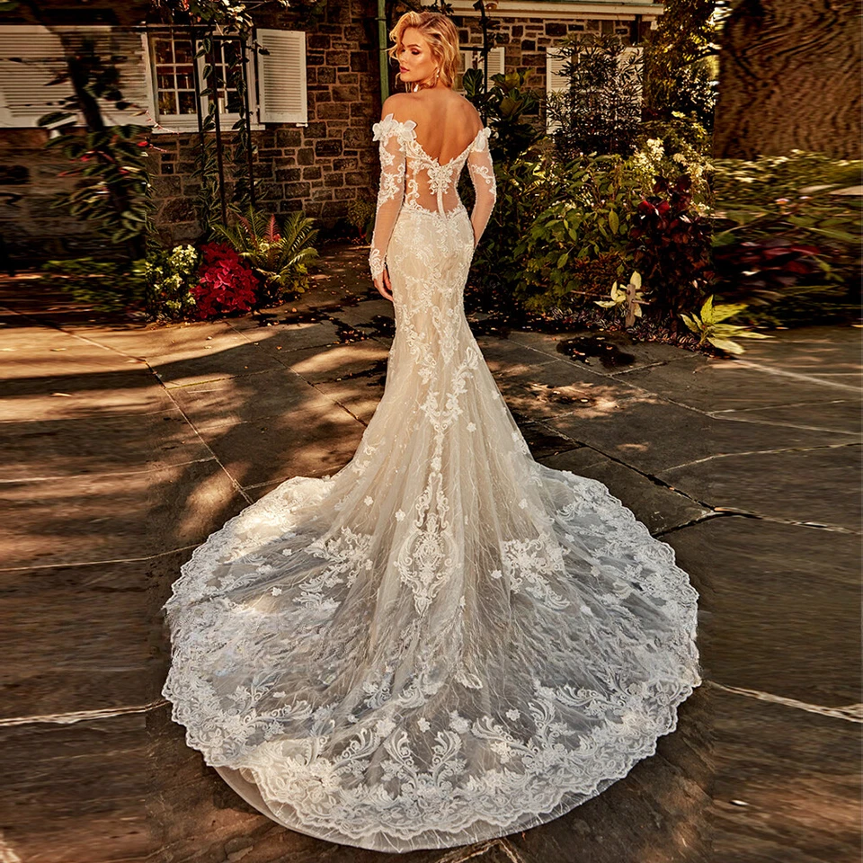 Elegant Long Sleeves Off Shoulder Appliques Zipper Mermaid Lace Wedding Dresses - Image 2 of 4