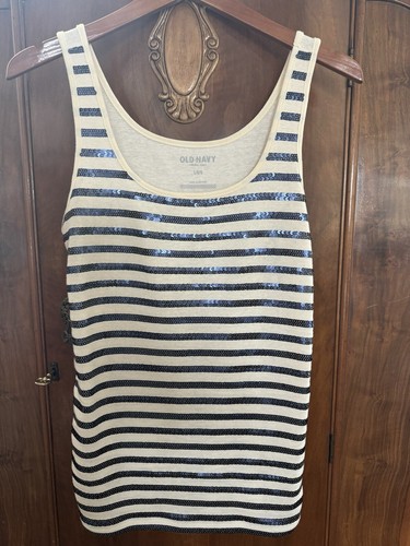 Old Navy Tank Top Women Sz Large Navy Blue Sequin Stripe Pullover Stretch Casual