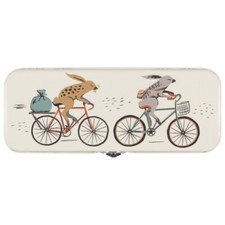 NOW DESIGNS DANICA 'WILD RIDERS' PENCIL BOX 8.5X3"X2" BIKES AND BUNNIES! AQUA