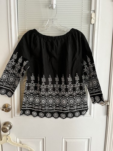 Talbots Top Black White Embroidery Scallop 3/4 Sleeve On/Off Shoulder Sz XS NWT - Picture 6 of 6