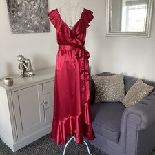Red Satiny V-Neck Fixed Wrap Sleeveless Tie Waist Frilled Maternity Midi Dress 8