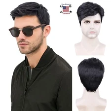 Men's Black Men Wig Short Full Wigs Little Wavy Synthetic Straight Hair Daily US