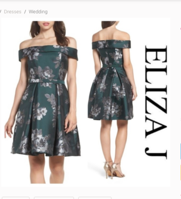 ELIZA J OFF THE SHOULDER EMERALD GREEN FLORAL BROCADE BELTED FIT FLARE DRESS  14 | eBay