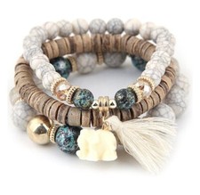 Bracelet Women Wood Beads Fashion BOHO Small Elephant Charm Set Vintage Style.