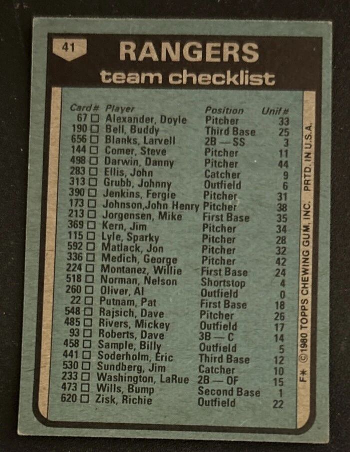 1980 年 Topps 游骑兵队 #41 Fergie Jenkins Al Oliver Sparky Lyle Mickey Rivers — 第 2/2 张图片