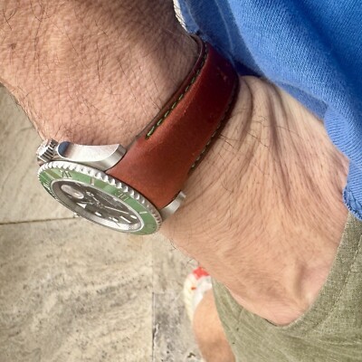 21mm BROWN Vegetable Tanned leather curved (fitted) Strap Rolex Sub, GMT GREEN