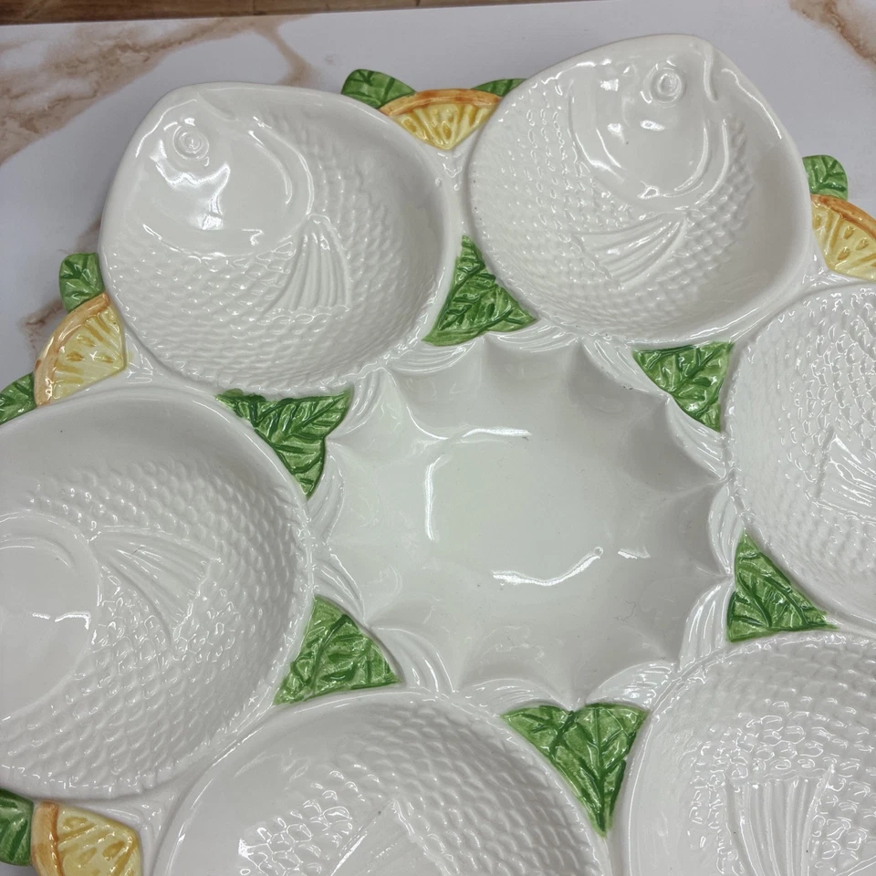 Bandeja dividida vintage de cerámica para servir pescado 1985 hoja de limón costera Foto 3 de 4