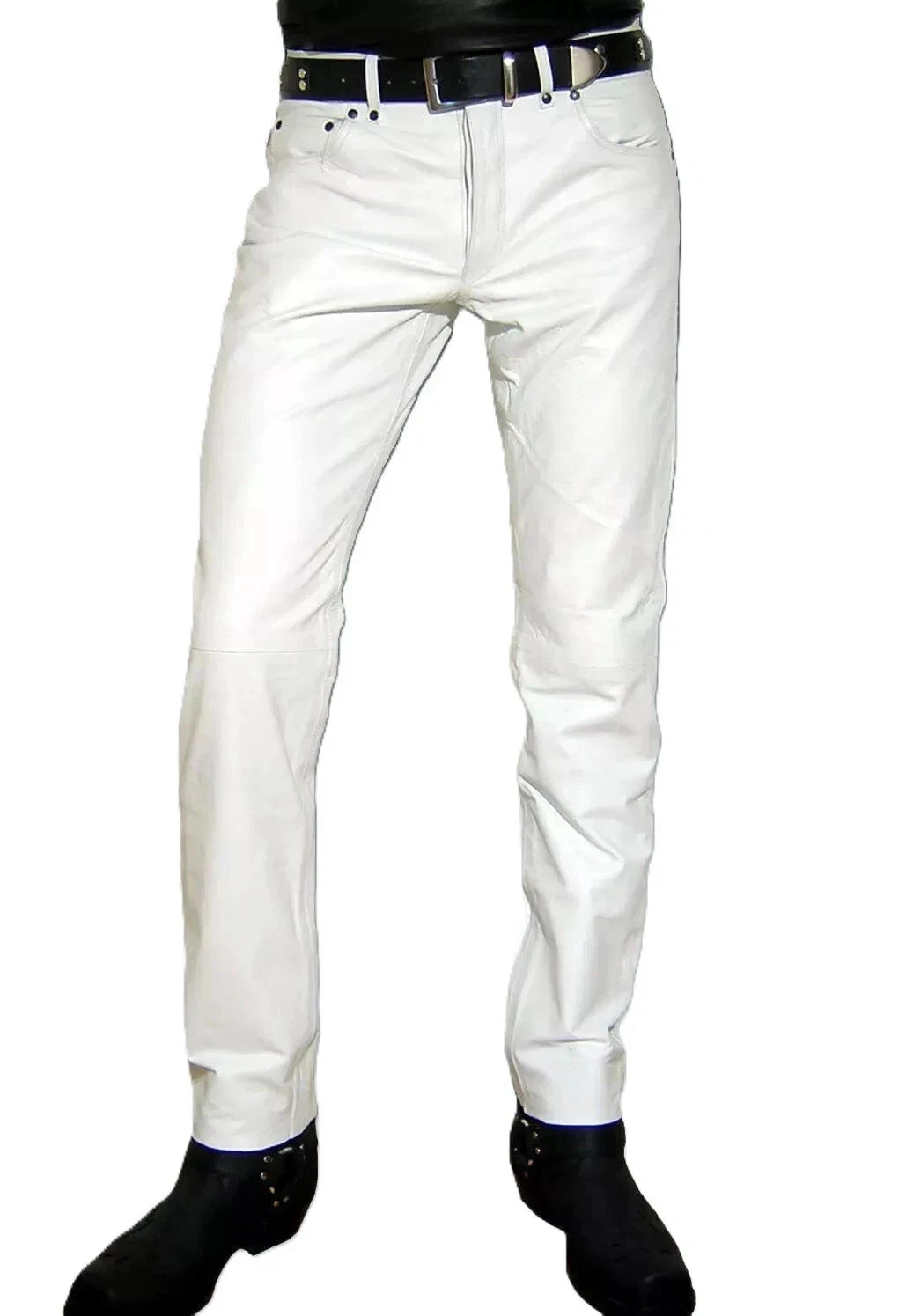 CELEBRITY Men's White LeatherPant Pure Sheepskin Causal Slim Fit Moto Biker Pant