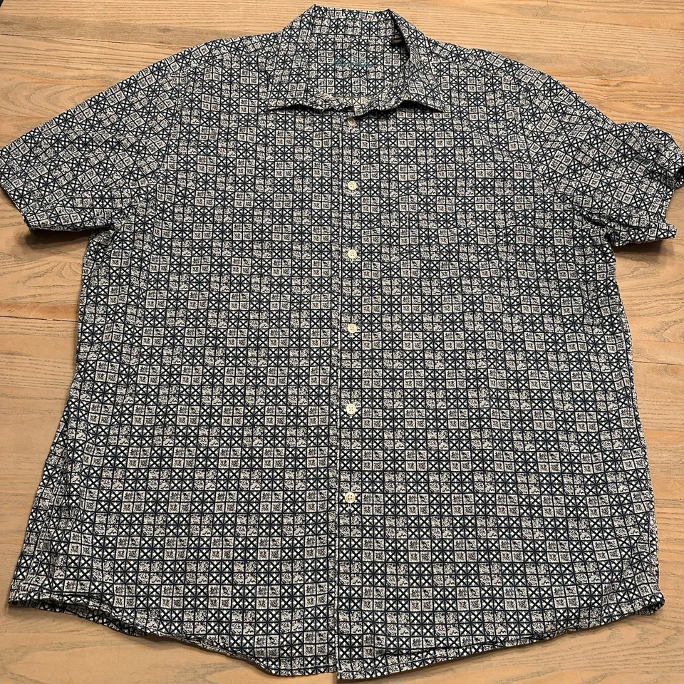 Tasso Elba Blue Geometric Button Up Shirt Mens XXL Short Sleeve Collared Cotton - Image 2 of 4