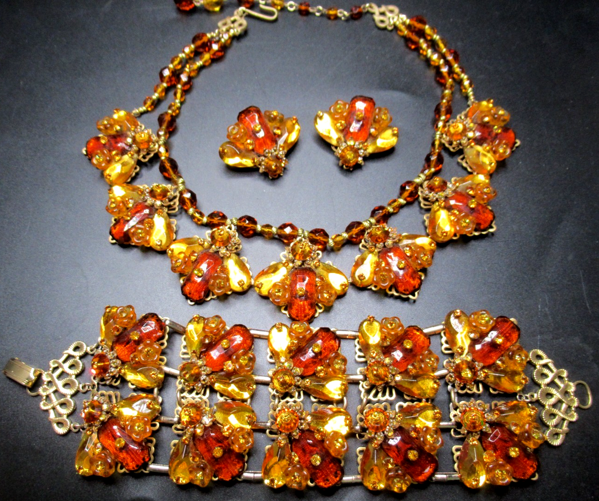 STANLEY HAGLER Swarm of Bees Cognac Rhinestone Necklace Bracelet