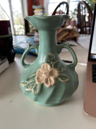 Vintage Weller Green Dogwood Double Handled Pottery Vase 1930s - 1940s 6"