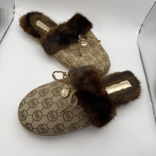 MICHAEL KORS Logo Damen 10 MK Pantolette braun/gold Kunstfell Hausschuhe weich - Bild 2 von 14