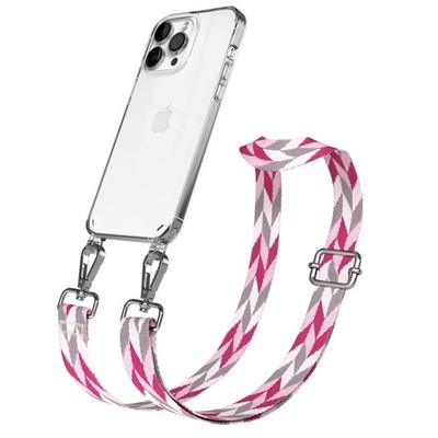 Silikon Hülle mit Band für Apple iPhone 14 Pro Max Kette Pink / Grau Mix -Silber