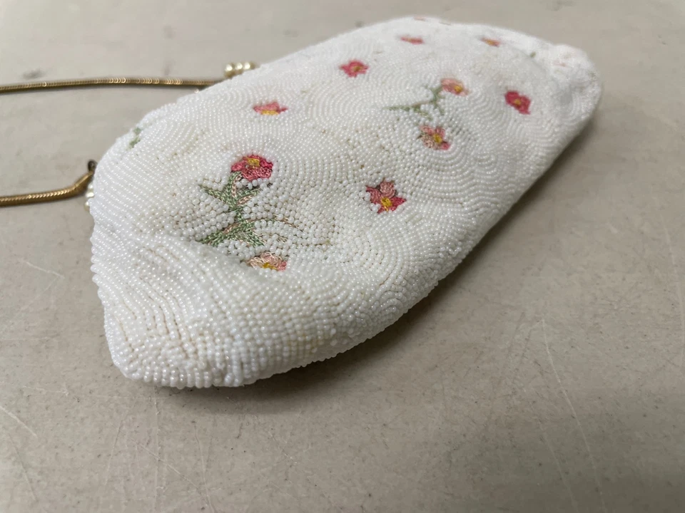 BOLSO VINTAGE CHUNN MARFIL FLORES PASTEL CUENTAS BODA HECHO A MANO FRANCIA Foto 4 de 4