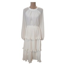 Zessica White Tiered Pleated Midi Dress Long Sleeve Women's M Fairy Whimsical