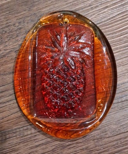 Vtg Art Glass Amberina Glass Pineapple Orange Pressed Window Suncatcher 3.5x4"
