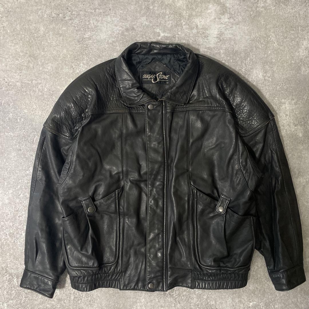 90s Vintage Short Leather Blouson Jacket with Neck Collar Genuine American Casual Style
