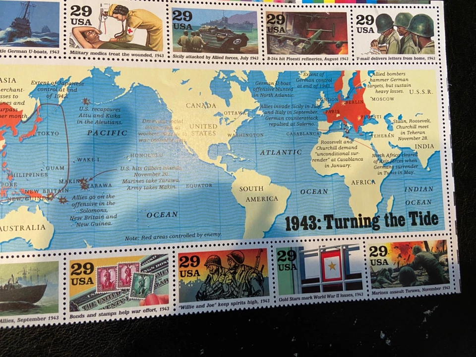 US Stamps, Scott 2765 - 2774 "WW II " Turning the Tide " 29c Block of 10 (1993) - Image 4 of 4