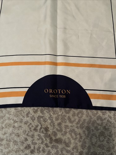 Oroton Logo Print Silk Scarf Navy Blue Orange White Geometric Design 74 X 26 F1 - Picture 2 of 6