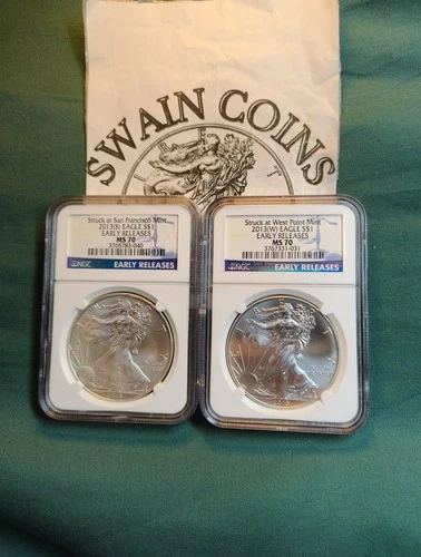2013-(S) American Silver Eagle & (W) MS 70 NGC Early Release2 Coin Set EF119-20