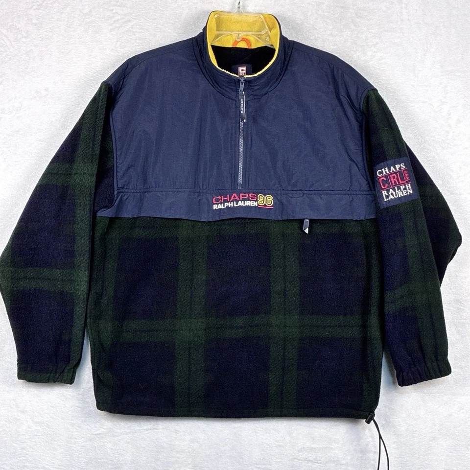 VTG 90s Ralph Lauren Chaps 1/4 Zip Jacket Men L Green Plaid Fleece Oversized USA - Image 2 of 4