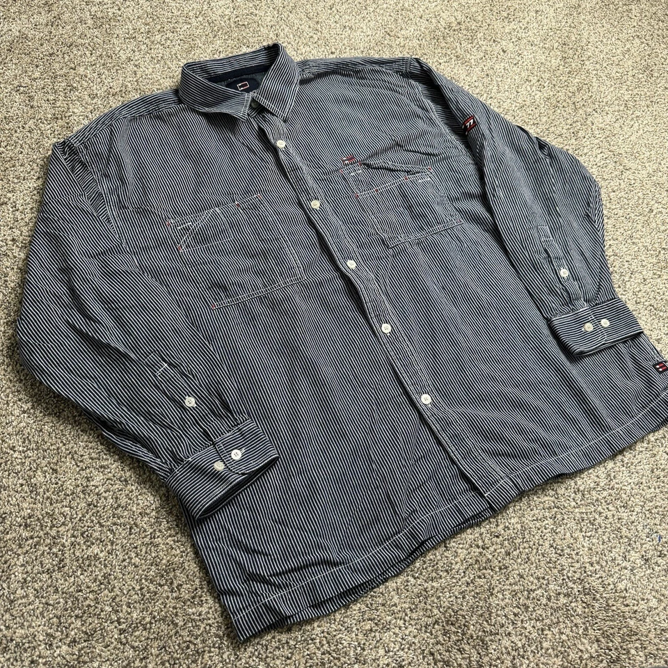 VINTAGE Bugle Boy Shirt Men’s XL Blue 77 Button Down Pockets Striped Logo Y2K * - Image 2 of 4