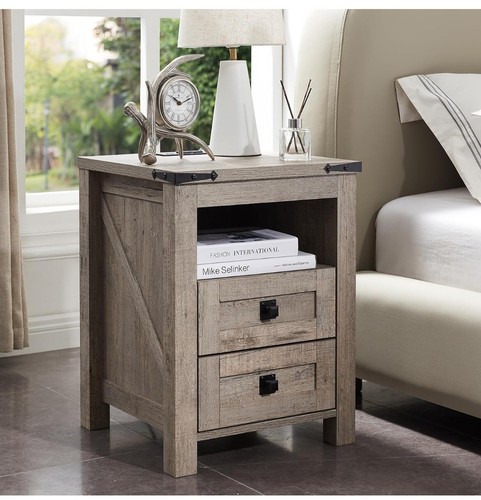 Nightstand w/Charging Station End Side Table 2 Drawers Farmhouse Wood Rustic