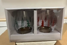 Stemless Wine Glasses with Christmas Trees, Set of 2