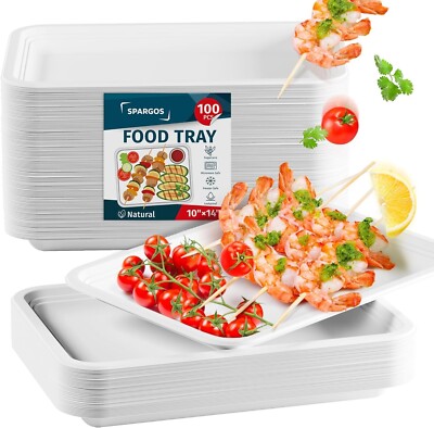 100 Pack 14 Inch Heavy Duty Disposable Food Trays Compostable Large Paper Pla...