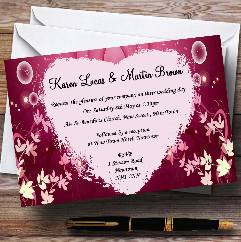 Purple Pink Heart And Flowers Personalised Wedding Invitations 2022, nowy