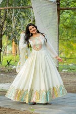 Traditional Wear White Chinon Silk Gown With Dupatta For Festival & Function