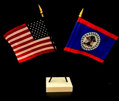 1 American & 1 Country Mini Rayon 4''x6'' Desk Flag Set with Crossed 2-Hole Base