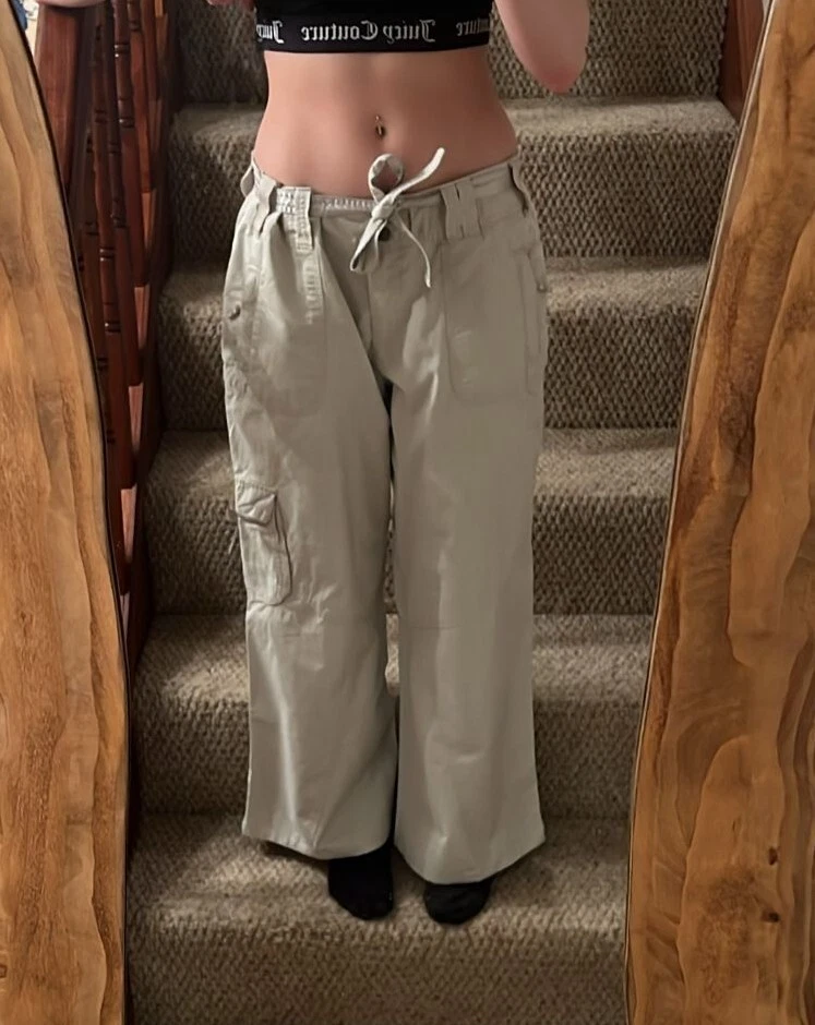 Crema Beige Urbano Vintage Cargos Corbata Pantalones Combate Ancho tiro bajo Pantalón 10 12 Foto 3 de 4