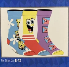 Spongebob Squarepants 3 Pair of Crew Socks Fits Shoe Size 8-12 NIB Bioworld