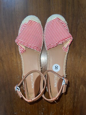 Nautica Terra Striped Ruffle Detail Ankle Strap Flat Red Espadrille