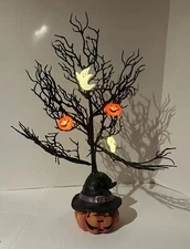 Halloween Light Up Twig Tree Pumpkin Ghost Black Cracker Barrel 24" Battery