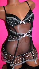 34C VICTORIA SECRET BLACK LACE MESH POLKA DOTS GARTER SLIP TEDDY NWT  