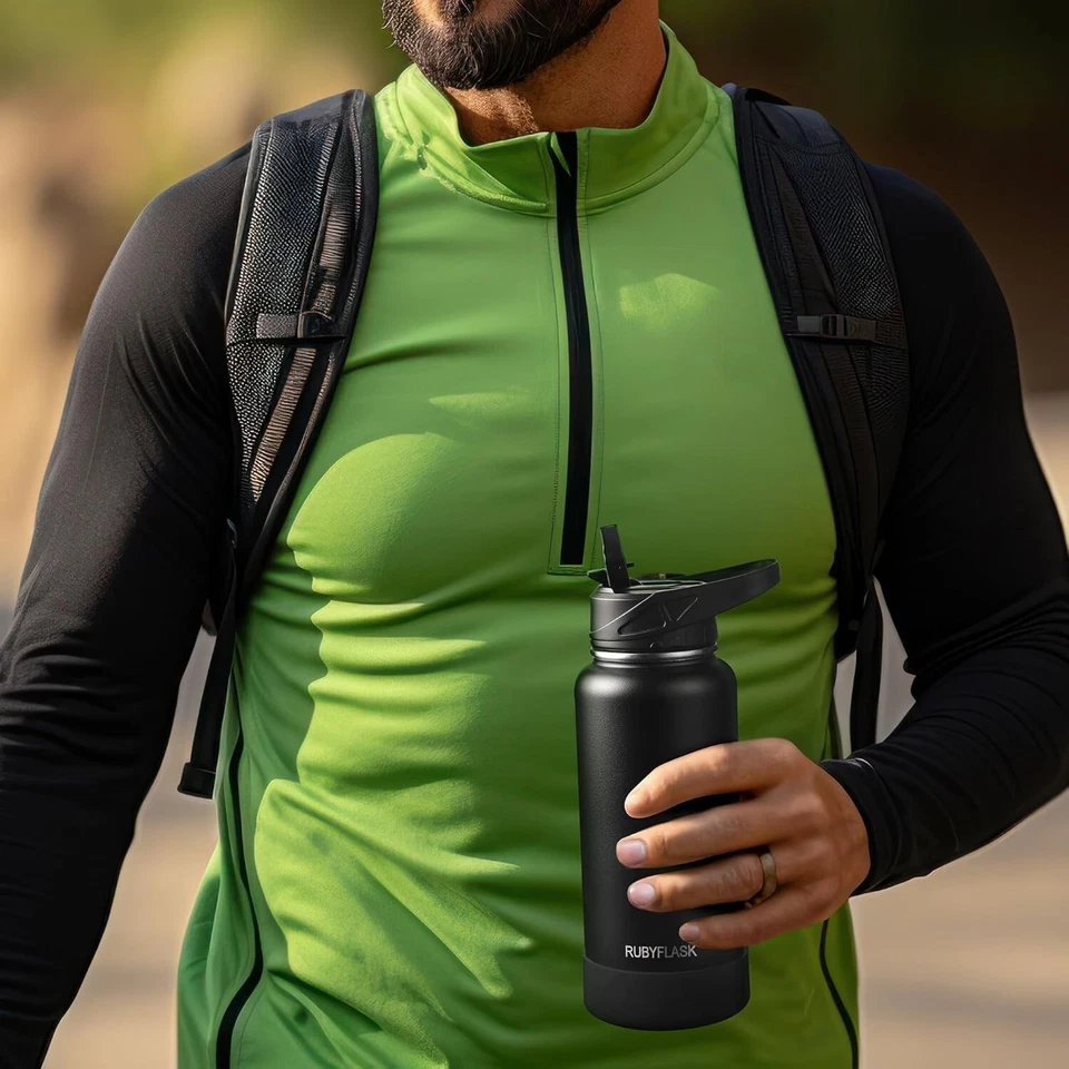 Botella de agua aislada 32 oz con pajita, acero inoxidable a prueba de fugas (naranja) Foto 3 de 3