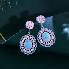 Beauty Flower Drop Dangling Earrings Cubic Zirconia Pink Blue Jewelry for Brides
