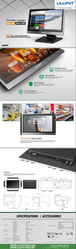 LILLIPUT TK1330-NP/C/T 13.3" 1080P HDMI VESA Capacitive Touch screen+OPEN Frame - Image 3 of 4