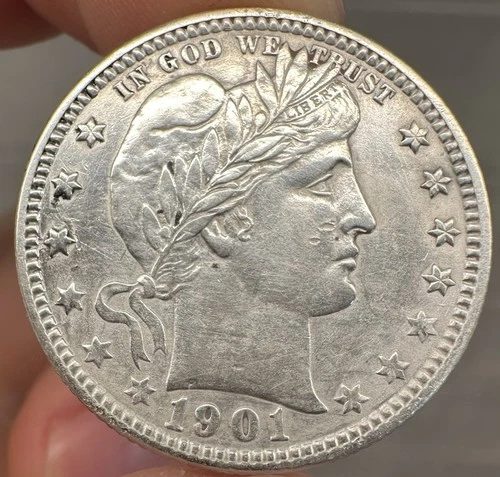 1901 Barber Quarter Almost Uncirculated AU Coin, Cleaning GREAT DEAL
