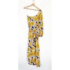 Kinda || One Shoulder Floral Midi Dress Sundress Yellow Navy Small