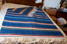 Vtg Lg Rainbow Saltillo Serape Wool Mexican Blanket 77" x 48" Eye of God Motif