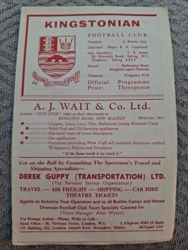 Walton & Hersham v Carshalton programme.  10/3/1962  SSC Semi at Kingstonian 