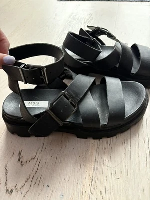 M&S Size 5.5 Black Leather Chunky Sandals Buckle Detail Cross Over Straps - Image 1 of 4